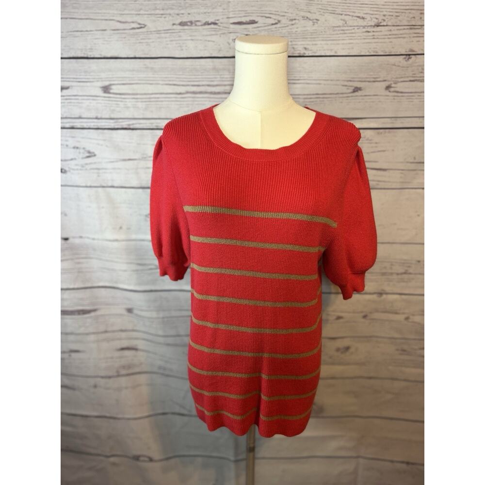 Ann Taylor Red Puff Sleeve Knit Sweater Top Women’s Medium Striped Cotton Blend